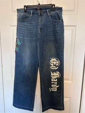 Ed Hardy Dark Blue Straight Jeans with White Script